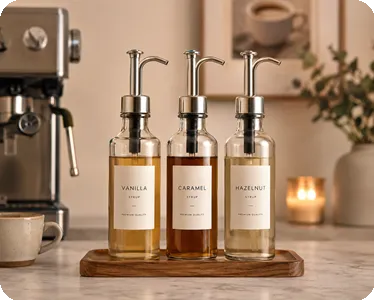 Glass Syrup Dispensers with Labels