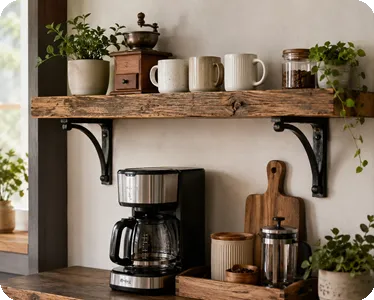 Rustic Wooden Shelf with Iron Brackets