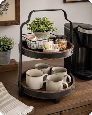 Two-Tier Metal and Wood Serving Tray
