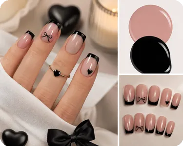Black French Square Nails with Bow and Heart Art