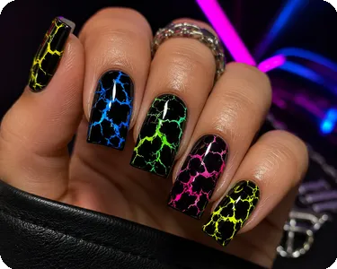 Black Square Nails with Neon Crackle Art