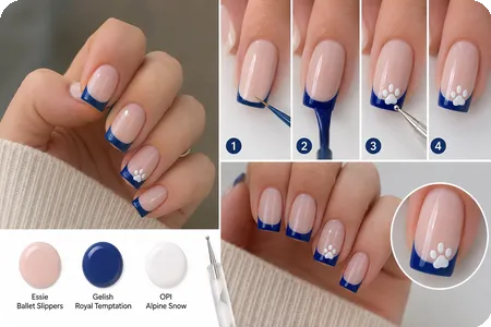 Blue Square French Nails with Minimal Paw Accent