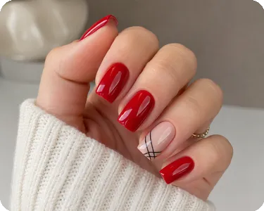 Classic Red Square Nails with Minimal Graphic Accent