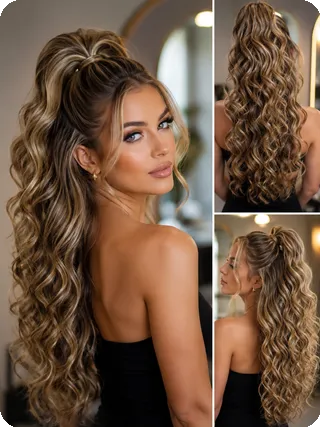 Glamorous High Half-Up Ponytail with Full Curls