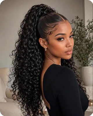 High Curly Ponytail with Sleek Defined Center Part