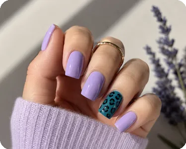 Lavender Square Nails with Teal Leopard Detail