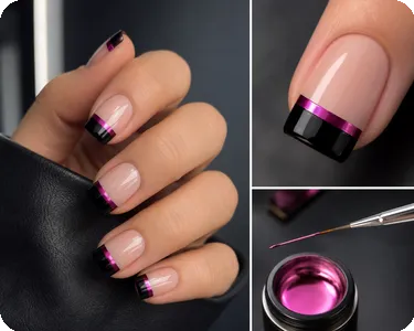 Modern Black French Tip with Magenta Bands