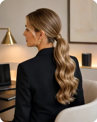 Polished Low Ponytail with Soft Barrel Waves