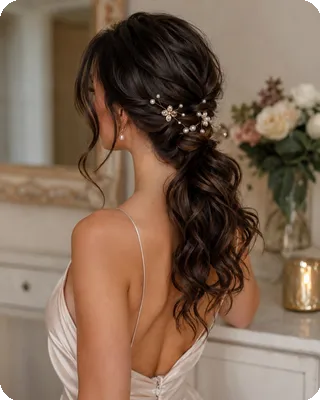 Romantic Low Wavy Ponytail with Pearl Accents