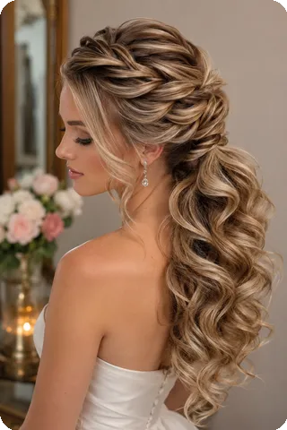 Side-Swept Braided Ponytail with Voluminous Curls