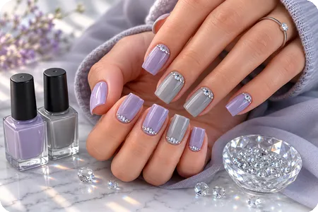 Soft Lavender and Gray Square Nails with Crystal Accents
