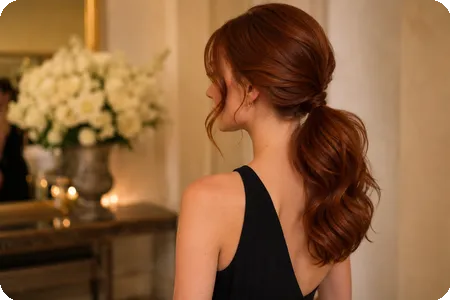 Stunning Auburn Low Ponytail with Soft Waves