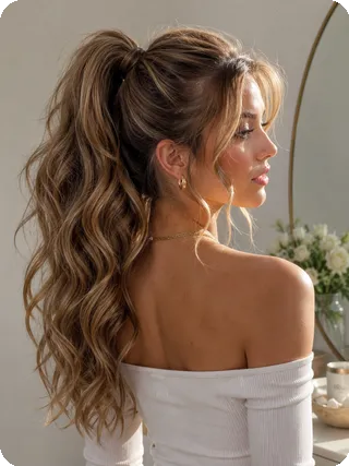 Voluminous Wavy High Ponytail with Face-Framing Tendrils