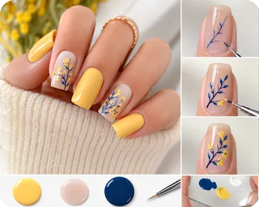 Yellow Square Nails with Delicate Floral Branch Art